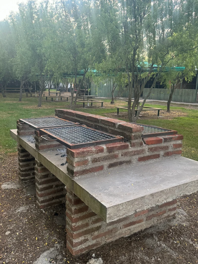 Asadera de ladrillo con parrilla en las áreas verdes del parque